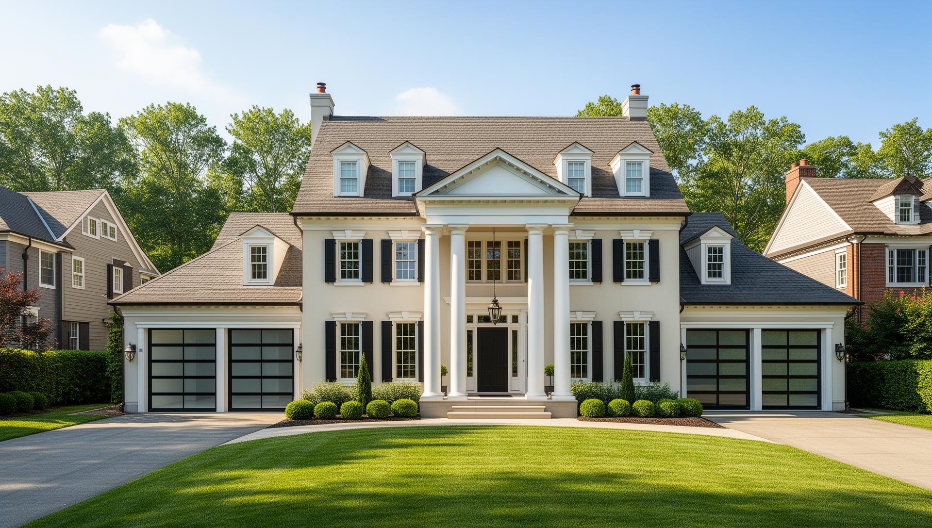 Beautiful Georgian mansion with modern glass and aluminum garage doors in Roanoke Rapids