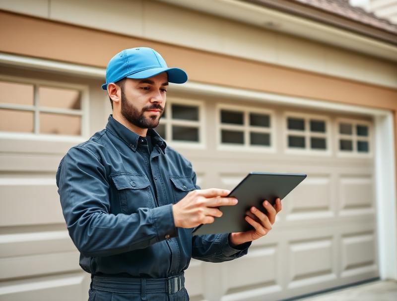 Professional garage door technician conducting safety inspection in Roanoke Rapids